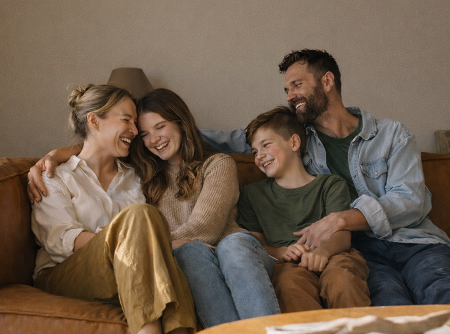 Smiling family of four sitting closely on a brown couch, laughing and embracing each other.